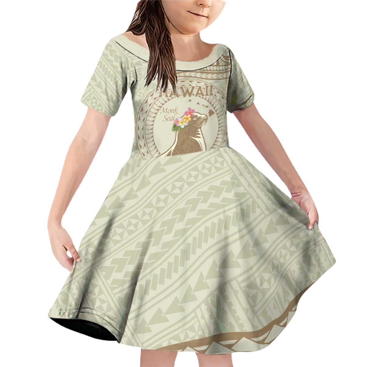 Personalised Hawaii Monk Seal Family Matching Off Shoulder Short Dress and Hawaiian Shirt Polynesian Tattoo With Tropical Flowers - Beige Pastel LT14 Daughter's Dress Beige - Polynesian Pride