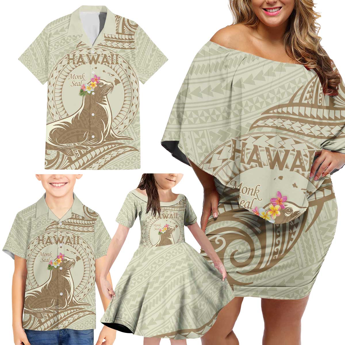 Personalised Hawaii Monk Seal Family Matching Off Shoulder Short Dress and Hawaiian Shirt Polynesian Tattoo With Tropical Flowers - Beige Pastel LT14 - Polynesian Pride