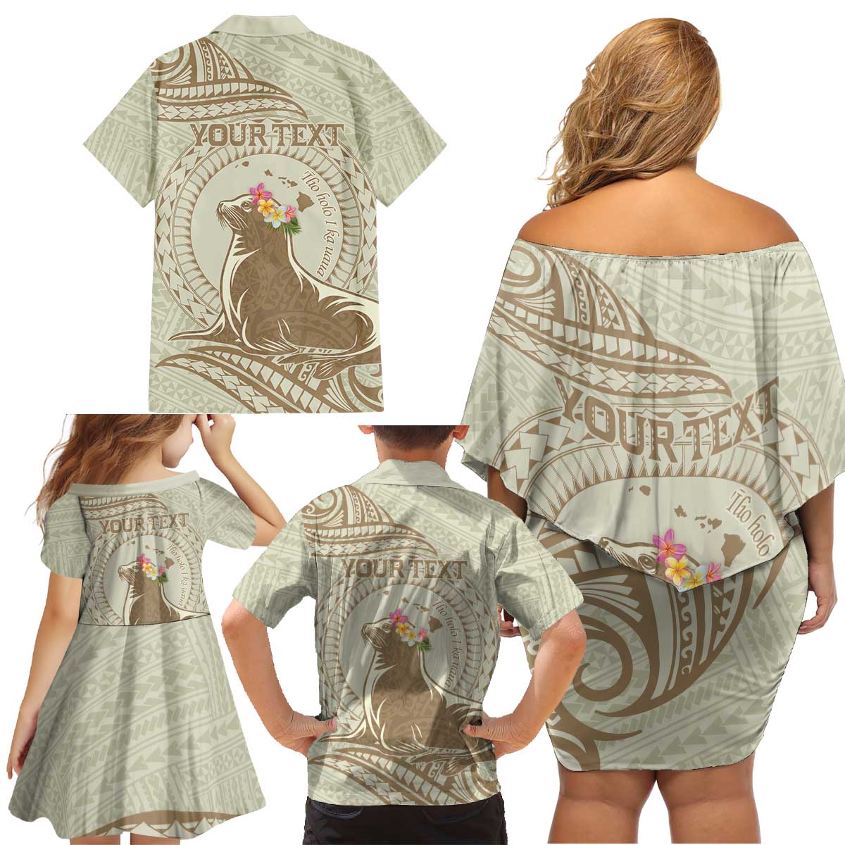 Personalised Hawaii Monk Seal Family Matching Off Shoulder Short Dress and Hawaiian Shirt Polynesian Tattoo With Tropical Flowers - Beige Pastel LT14 - Polynesian Pride