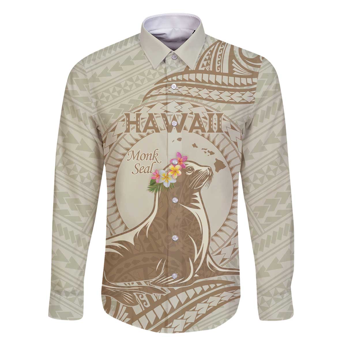 Personalised Hawaii Monk Seal Family Matching Off Shoulder Short Dress and Hawaiian Shirt Polynesian Tattoo With Tropical Flowers - Beige Pastel LT14 Dad's Shirt - Long Sleeve Beige - Polynesian Pride