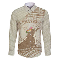 Personalised Hawaii Monk Seal Family Matching Off Shoulder Short Dress and Hawaiian Shirt Polynesian Tattoo With Tropical Flowers - Beige Pastel LT14 Dad's Shirt - Long Sleeve Beige - Polynesian Pride