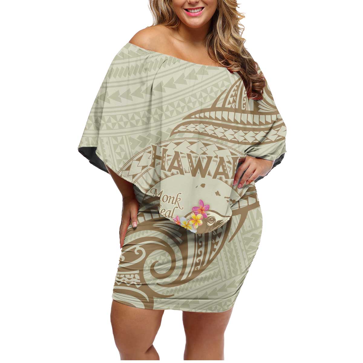 Personalised Hawaii Monk Seal Family Matching Off Shoulder Short Dress and Hawaiian Shirt Polynesian Tattoo With Tropical Flowers - Beige Pastel LT14 Mom's Dress Beige - Polynesian Pride