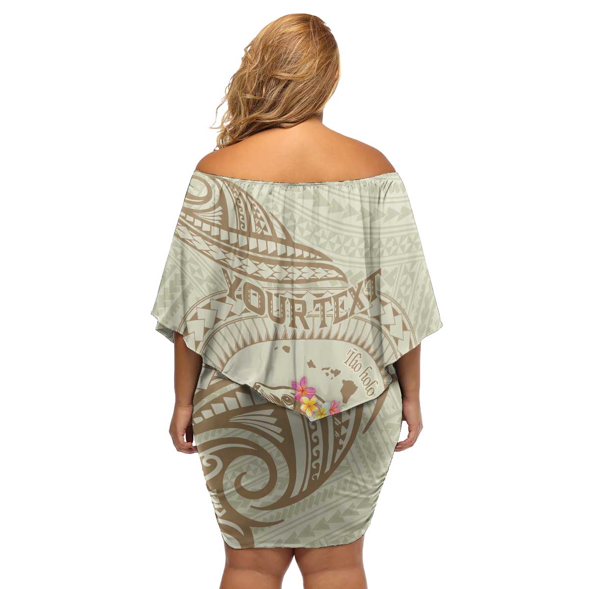 Personalised Hawaii Monk Seal Family Matching Off Shoulder Short Dress and Hawaiian Shirt Polynesian Tattoo With Tropical Flowers - Beige Pastel LT14 - Polynesian Pride