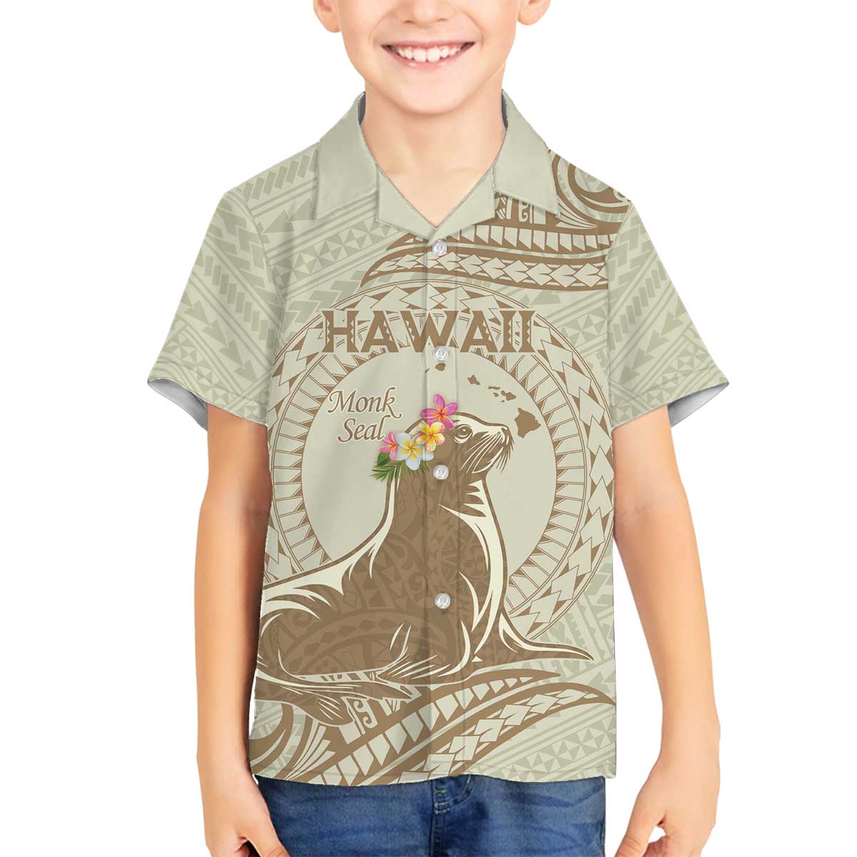 Personalised Hawaii Monk Seal Family Matching Off Shoulder Short Dress and Hawaiian Shirt Polynesian Tattoo With Tropical Flowers - Beige Pastel LT14 Son's Shirt Beige - Polynesian Pride