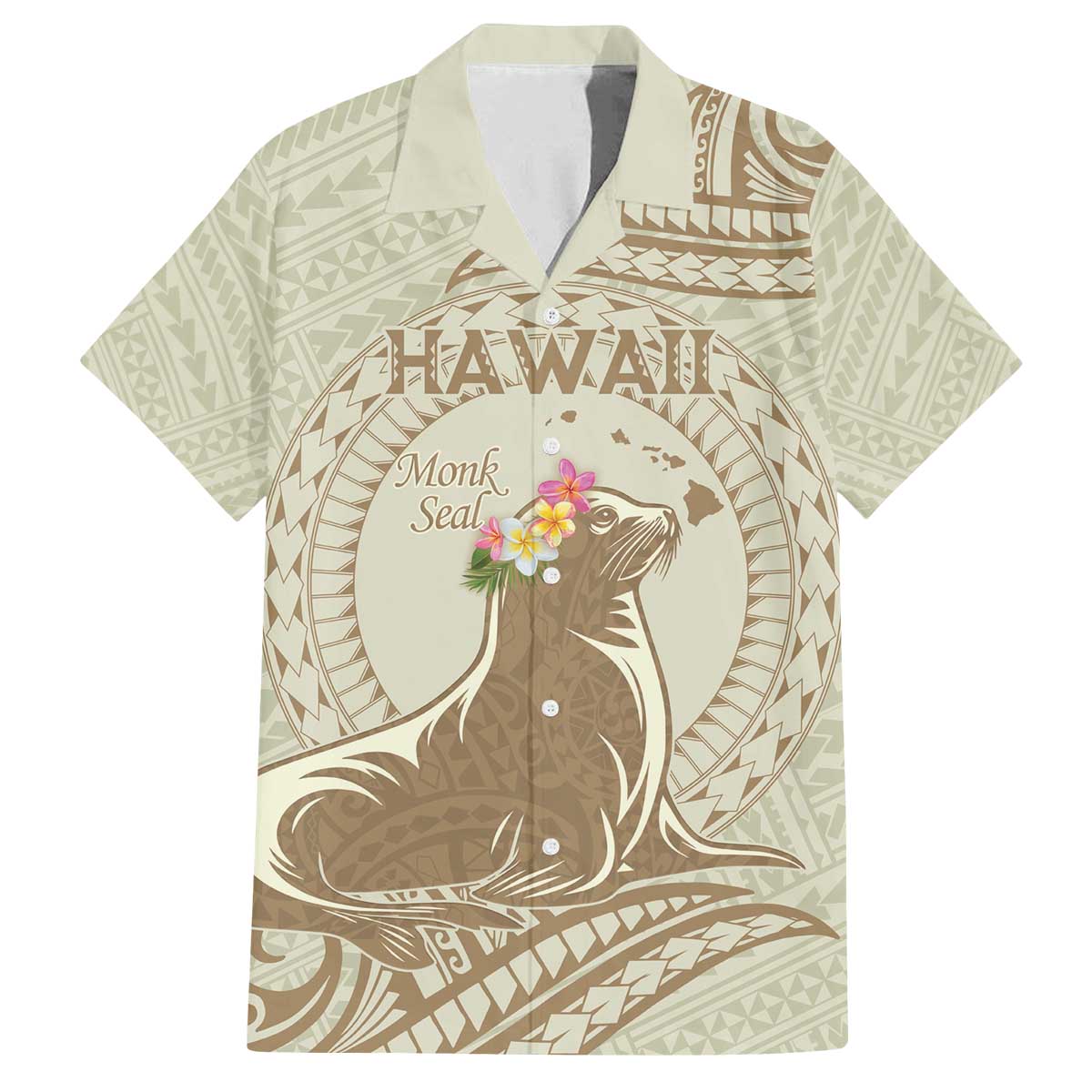 Personalised Hawaii Monk Seal Family Matching Puletasi and Hawaiian Shirt Polynesian Tattoo With Tropical Flowers - Beige Pastel LT14 Dad's Shirt - Short Sleeve Beige - Polynesian Pride