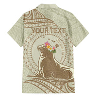 Personalised Hawaii Monk Seal Family Matching Puletasi and Hawaiian Shirt Polynesian Tattoo With Tropical Flowers - Beige Pastel LT14 - Polynesian Pride
