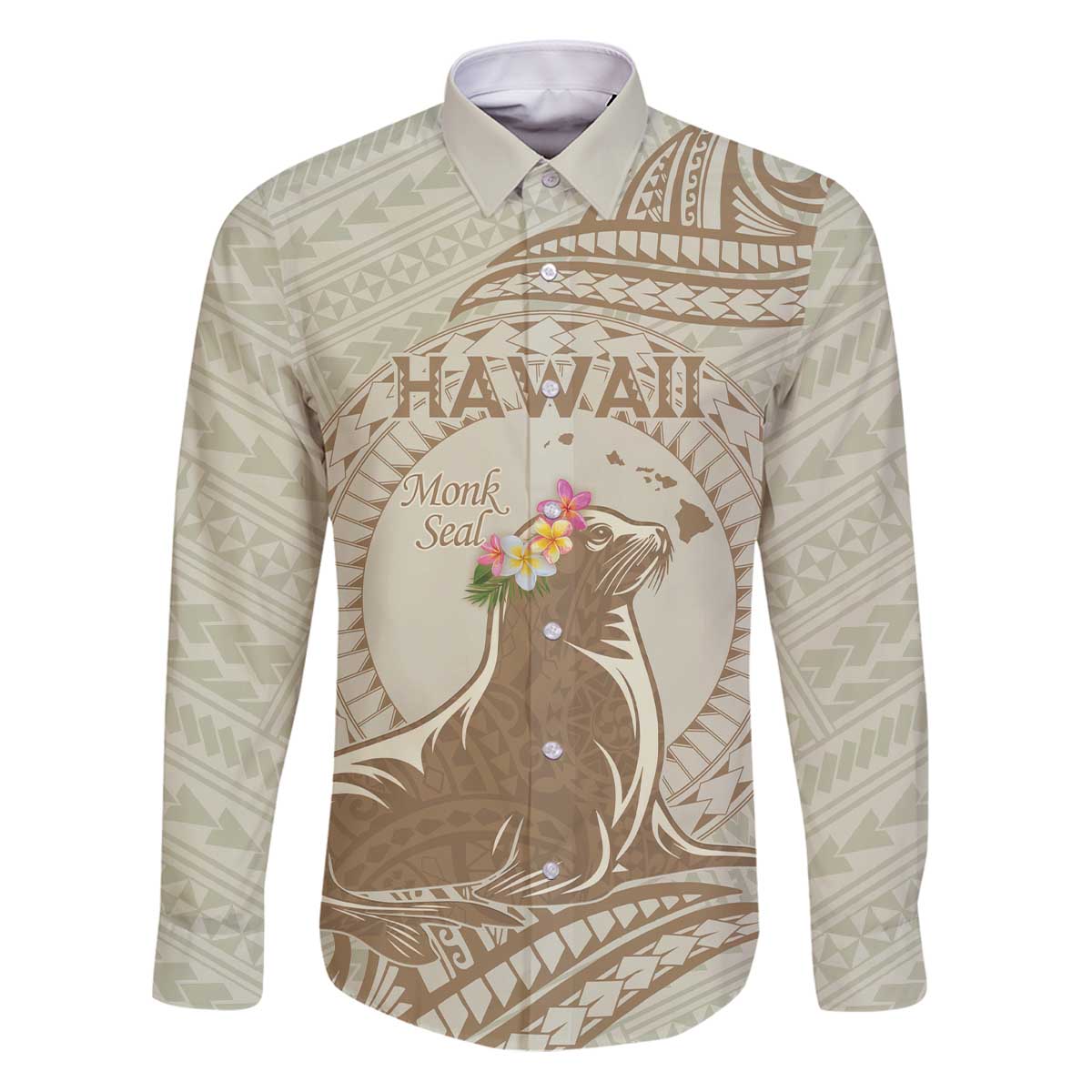 Personalised Hawaii Monk Seal Family Matching Puletasi and Hawaiian Shirt Polynesian Tattoo With Tropical Flowers - Beige Pastel LT14 Dad's Shirt - Long Sleeve Beige - Polynesian Pride