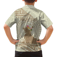 Personalised Hawaii Monk Seal Family Matching Tank Maxi Dress and Hawaiian Shirt Polynesian Tattoo With Tropical Flowers - Beige Pastel LT14 - Polynesian Pride