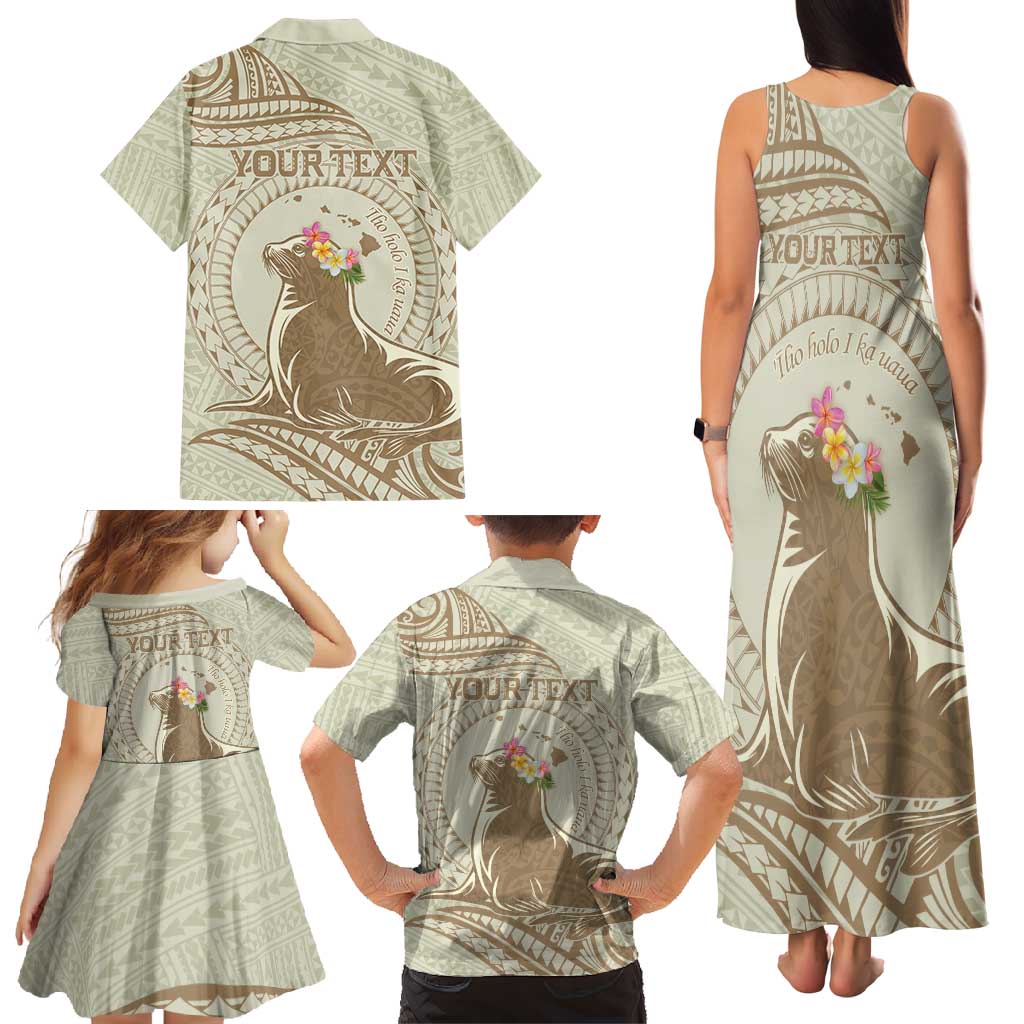 Personalised Hawaii Monk Seal Family Matching Tank Maxi Dress and Hawaiian Shirt Polynesian Tattoo With Tropical Flowers - Beige Pastel LT14 - Polynesian Pride