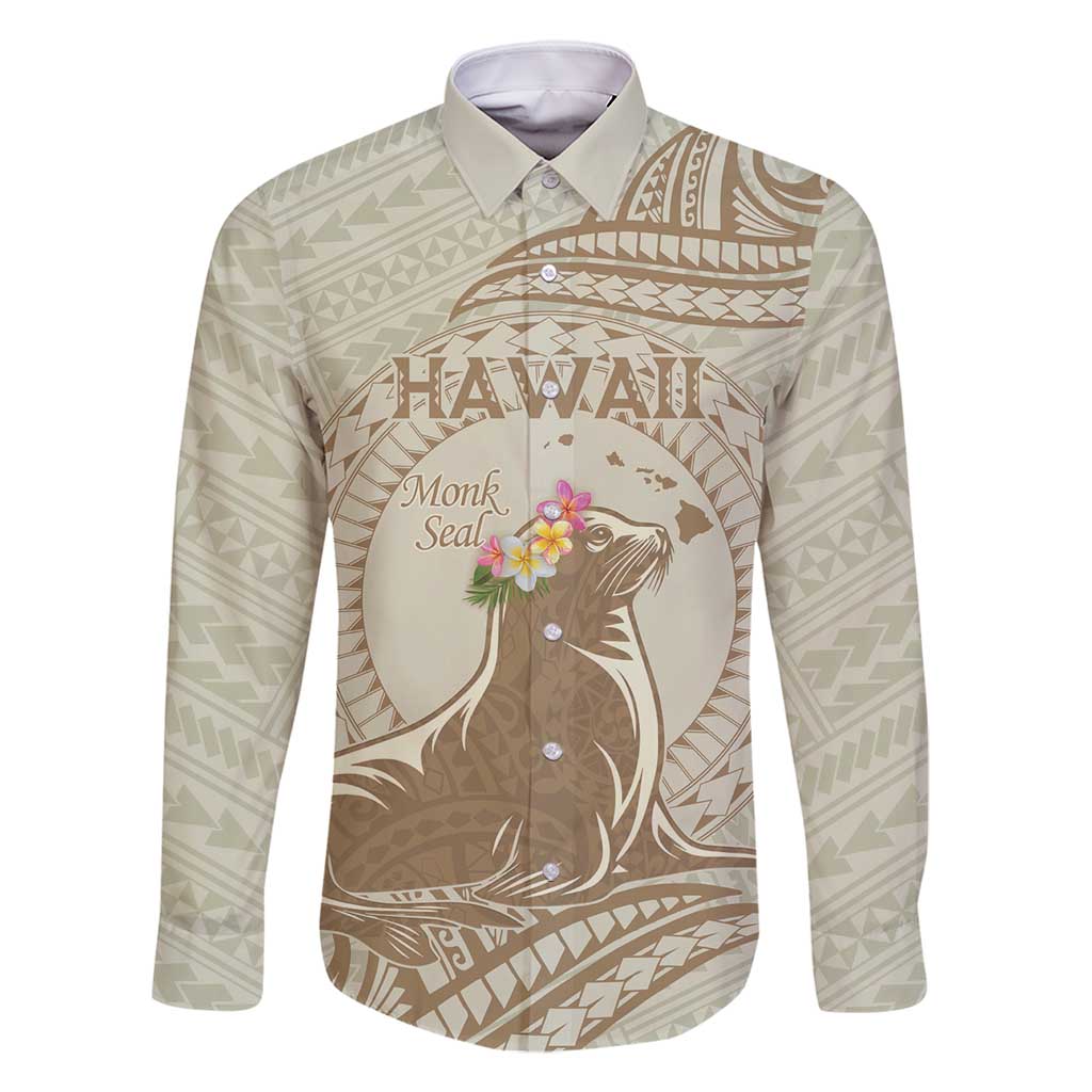 Personalised Hawaii Monk Seal Family Matching Tank Maxi Dress and Hawaiian Shirt Polynesian Tattoo With Tropical Flowers - Beige Pastel LT14 Dad's Shirt - Long Sleeve Beige - Polynesian Pride