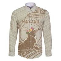 Personalised Hawaii Monk Seal Family Matching Tank Maxi Dress and Hawaiian Shirt Polynesian Tattoo With Tropical Flowers - Beige Pastel LT14 Dad's Shirt - Long Sleeve Beige - Polynesian Pride