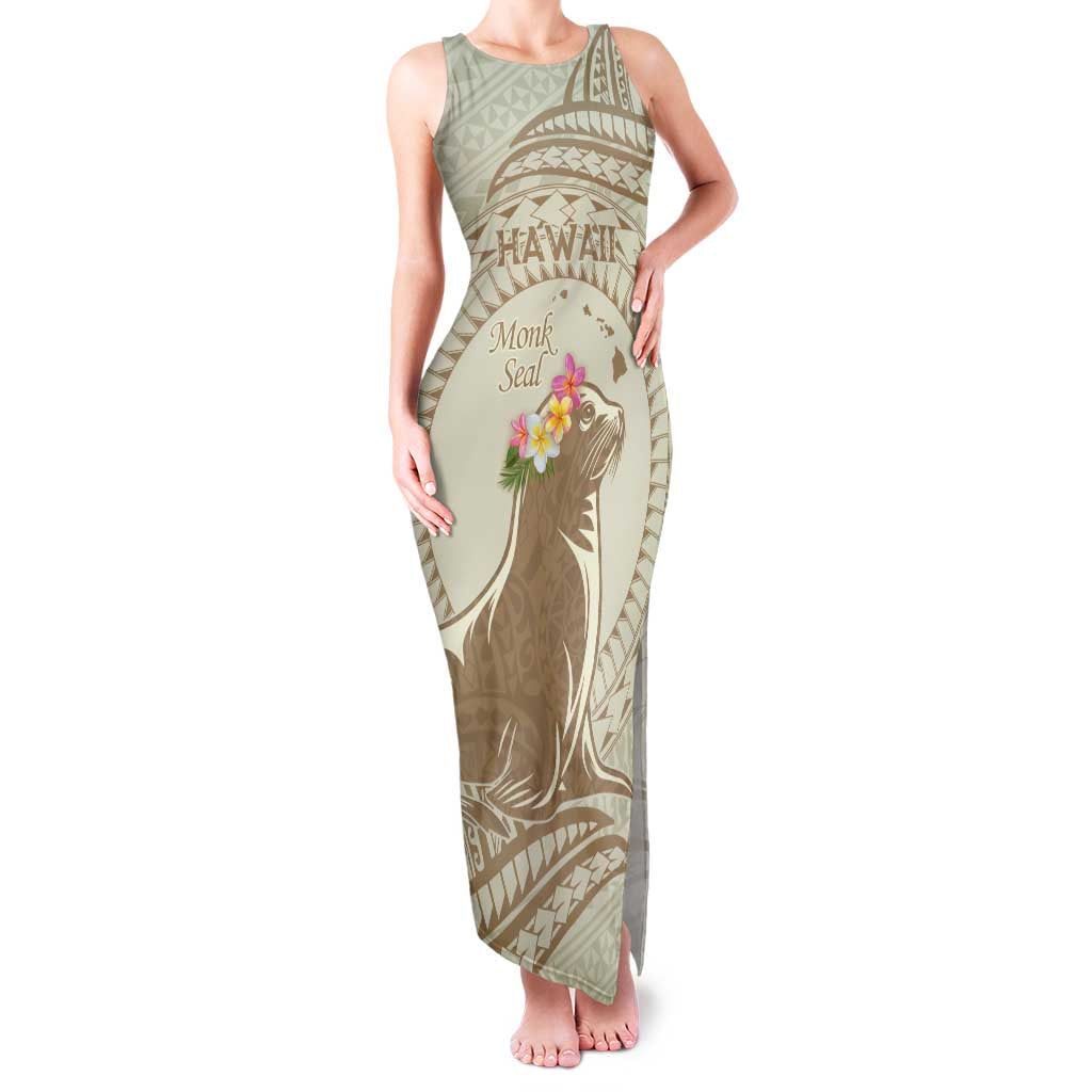 Personalised Hawaii Monk Seal Family Matching Tank Maxi Dress and Hawaiian Shirt Polynesian Tattoo With Tropical Flowers - Beige Pastel LT14 Mom's Dress Beige - Polynesian Pride
