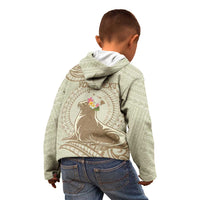 Personalised Hawaii Monk Seal Kid Hoodie Polynesian Tattoo With Tropical Flowers - Beige Pastel