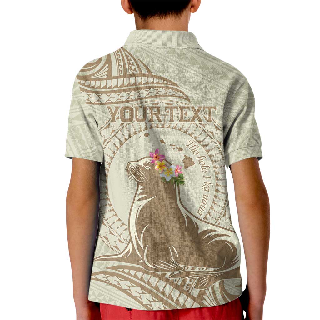 Personalised Hawaii Monk Seal Kid Polo Shirt Polynesian Tattoo With Tropical Flowers - Beige Pastel