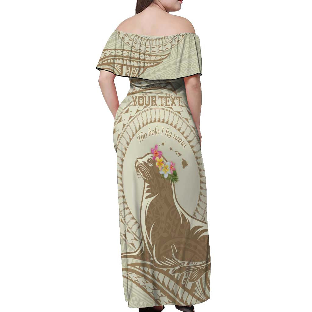 Personalised Hawaii Monk Seal Off Shoulder Maxi Dress Polynesian Tattoo With Tropical Flowers - Beige Pastel