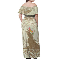 Personalised Hawaii Monk Seal Off Shoulder Maxi Dress Polynesian Tattoo With Tropical Flowers - Beige Pastel