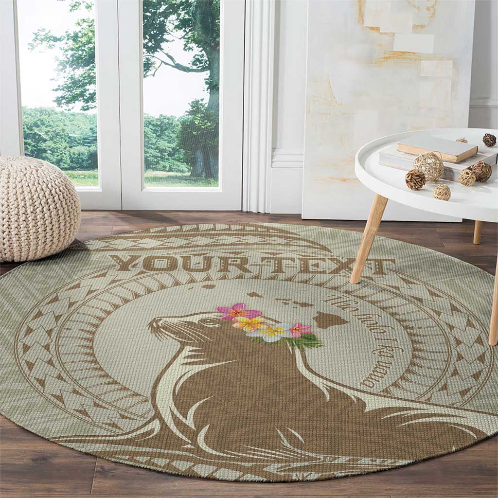 Personalised Hawaii Monk Seal Round Carpet Polynesian Tattoo With Tropical Flowers - Beige Pastel
