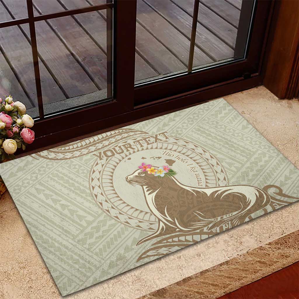 Personalised Hawaii Monk Seal Rubber Doormat Polynesian Tattoo With Tropical Flowers - Beige Pastel