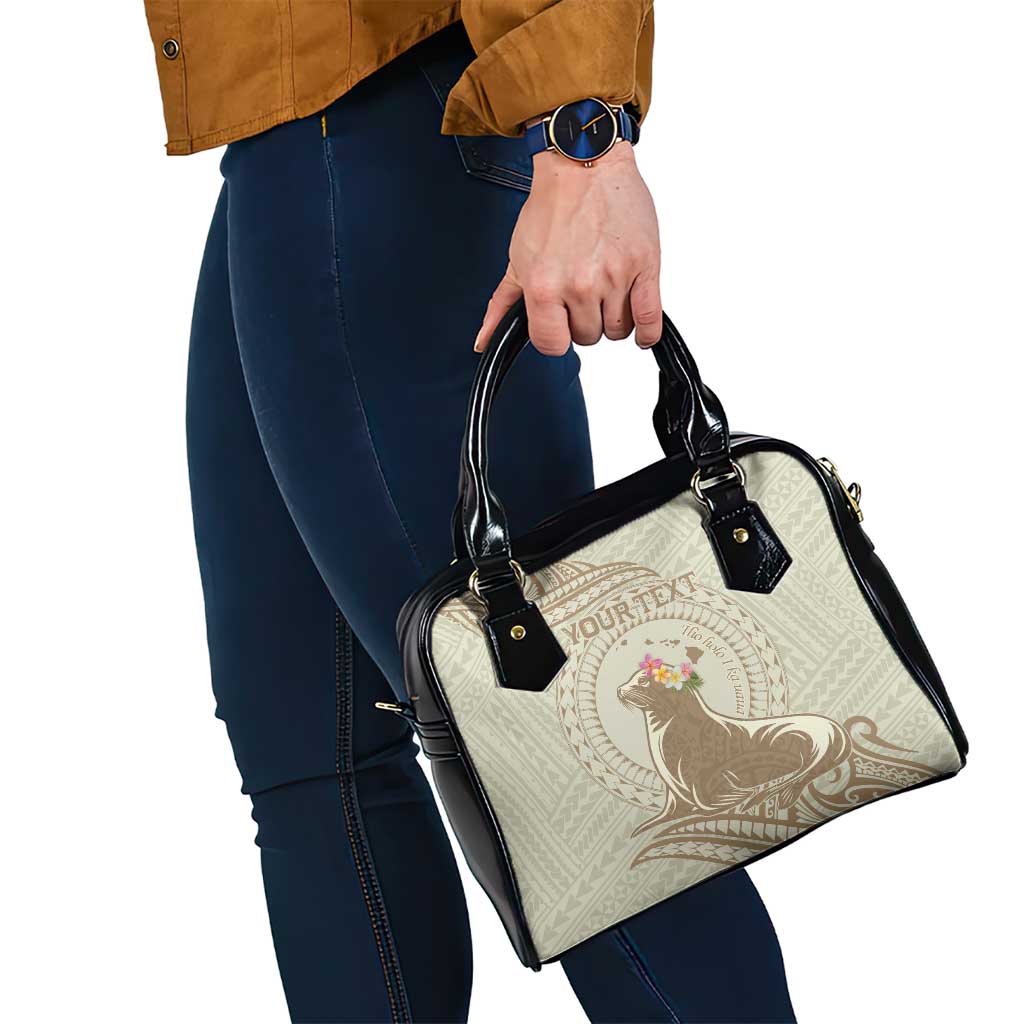 Personalised Hawaii Monk Seal Shoulder Handbag Polynesian Tattoo With Tropical Flowers - Beige Pastel