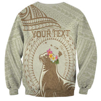 Personalised Hawaii Monk Seal Sweatshirt Polynesian Tattoo With Tropical Flowers - Beige Pastel
