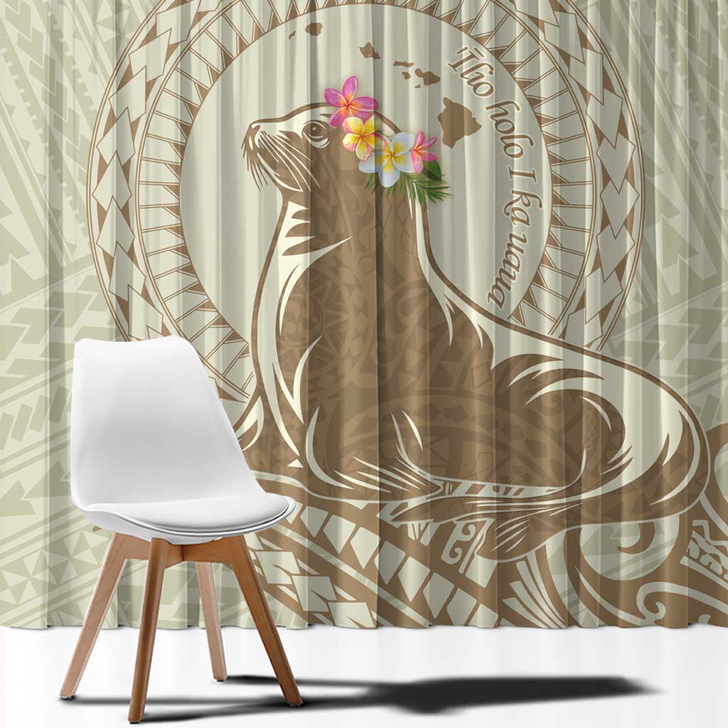 Personalised Hawaii Monk Seal Window Curtain Polynesian Tattoo With Tropical Flowers - Beige Pastel