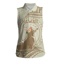 Personalised Hawaii Monk Seal Women Sleeveless Polo Shirt Polynesian Tattoo With Tropical Flowers - Beige Pastel
