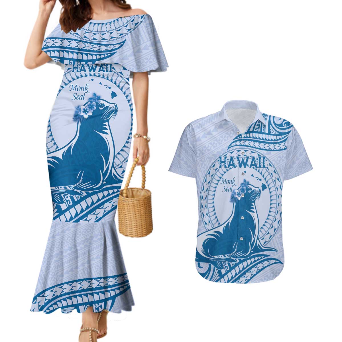 Personalised Hawaii Monk Seal Couples Matching Mermaid Dress and Hawaiian Shirt Polynesian Tattoo With Tropical Flowers - Blue Pastel LT14 Blue - Polynesian Pride