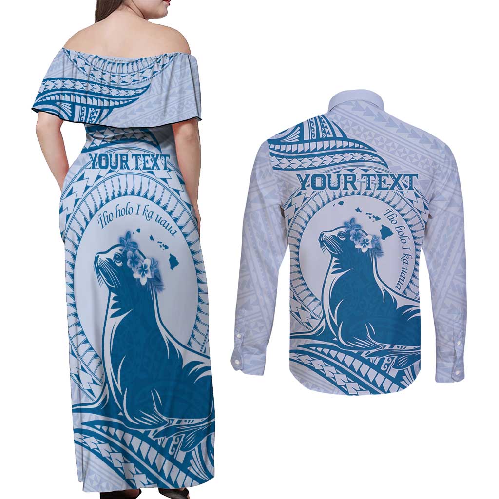 Personalised Hawaii Monk Seal Couples Matching Off Shoulder Maxi Dress and Long Sleeve Button Shirt Polynesian Tattoo With Tropical Flowers - Blue Pastel
