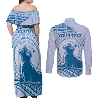 Personalised Hawaii Monk Seal Couples Matching Off Shoulder Maxi Dress and Long Sleeve Button Shirt Polynesian Tattoo With Tropical Flowers - Blue Pastel