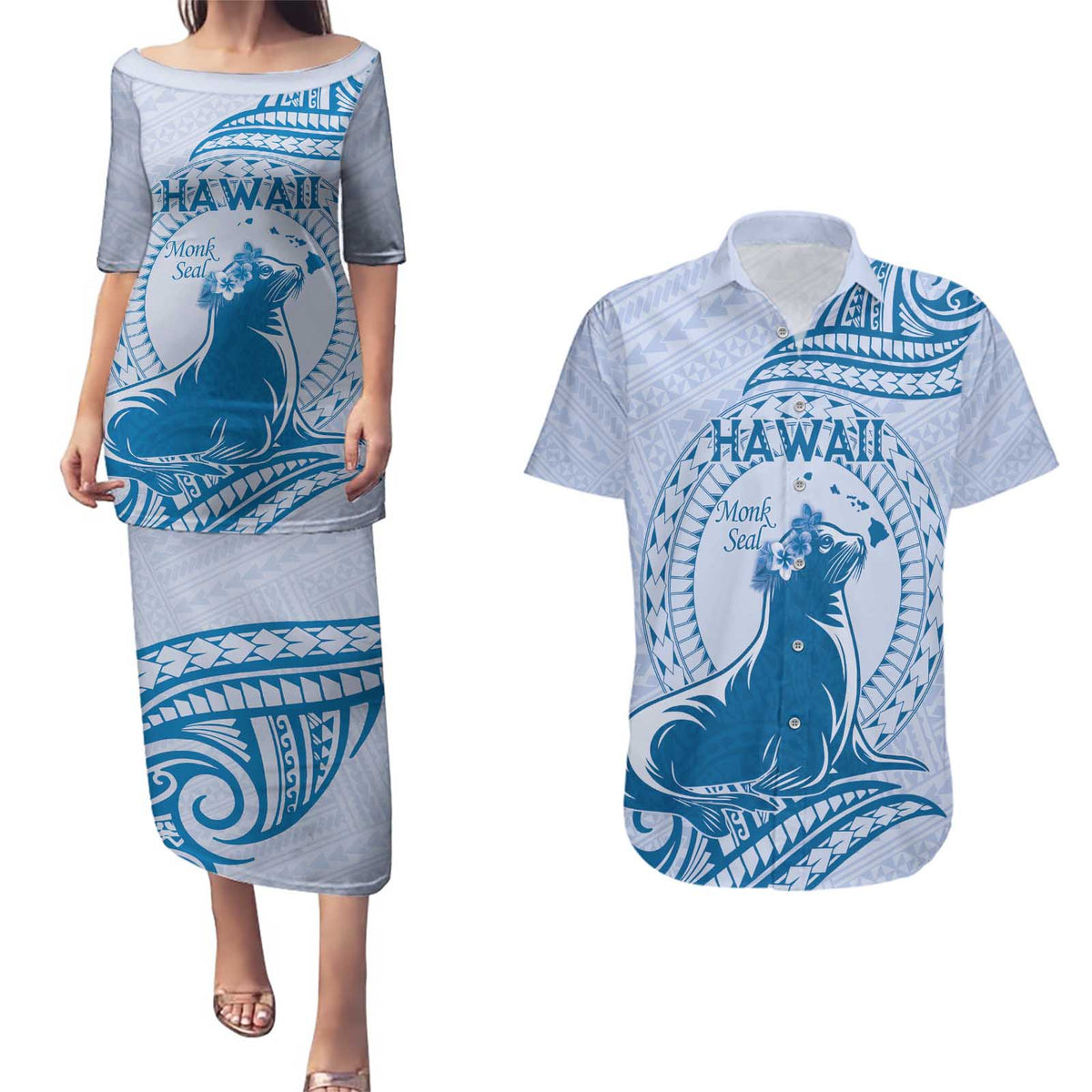 Personalised Hawaii Monk Seal Couples Matching Puletasi and Hawaiian Shirt Polynesian Tattoo With Tropical Flowers - Blue Pastel