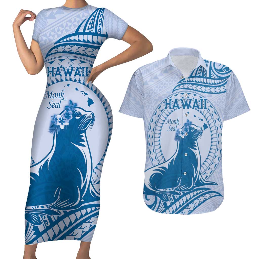 Personalised Hawaii Monk Seal Couples Matching Short Sleeve Bodycon Dress and Hawaiian Shirt Polynesian Tattoo With Tropical Flowers - Blue Pastel LT14 Blue - Polynesian Pride