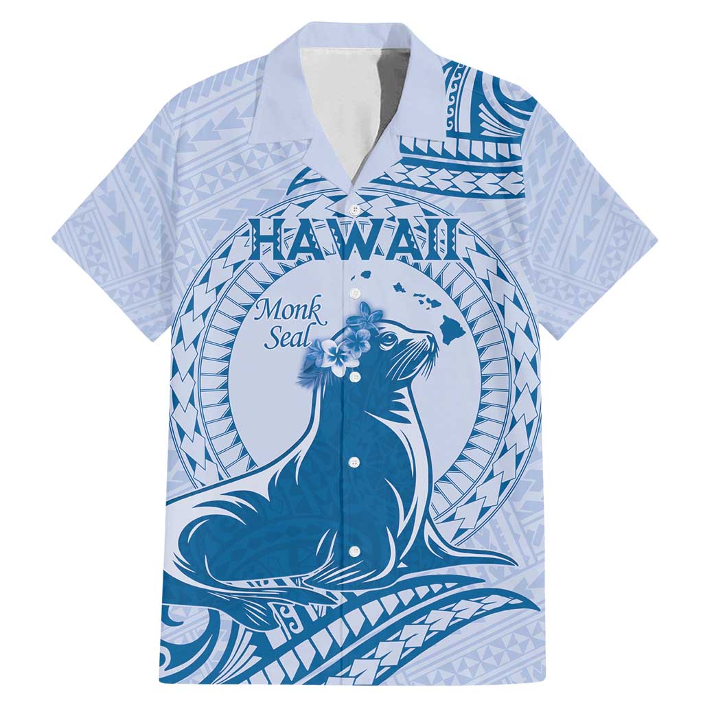 Personalised Hawaii Monk Seal Family Matching Mermaid Dress and Hawaiian Shirt Polynesian Tattoo With Tropical Flowers - Blue Pastel LT14 Dad's Shirt - Short Sleeve Blue - Polynesian Pride