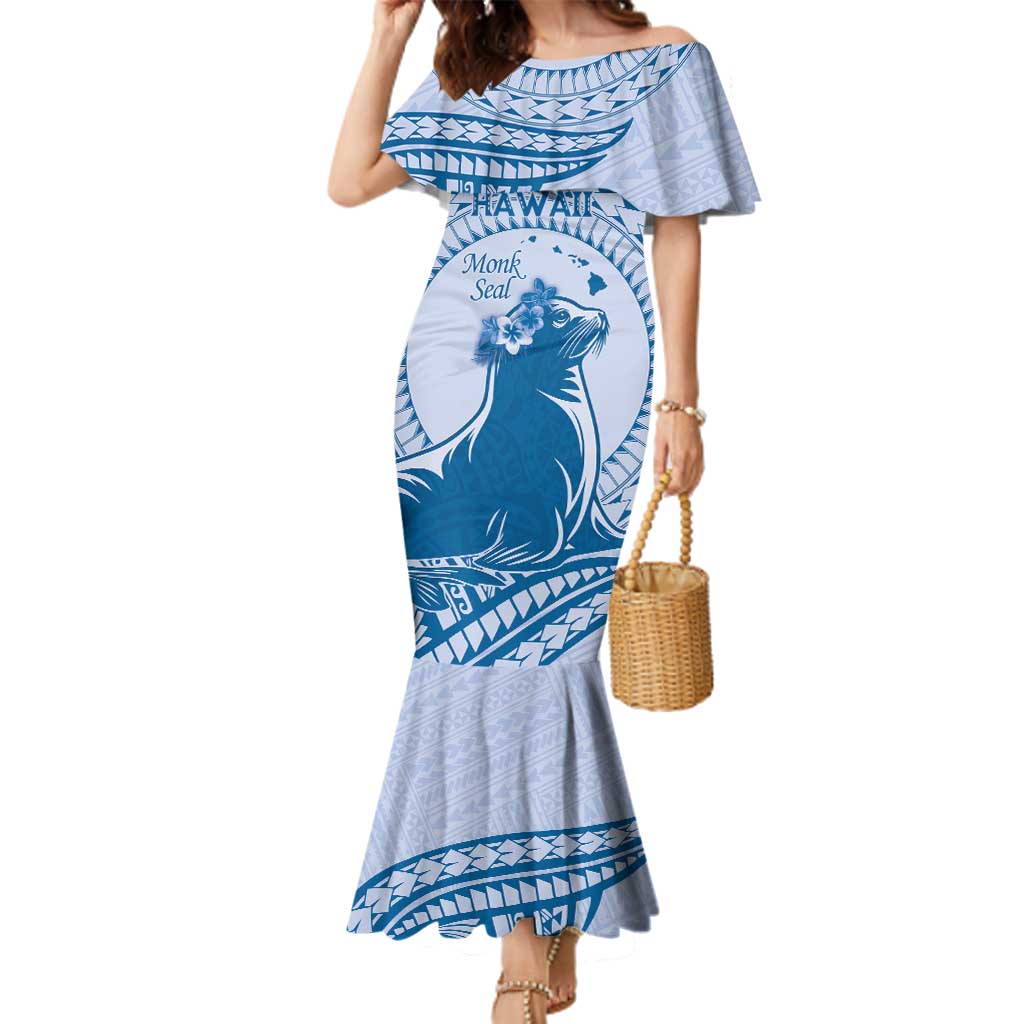 Personalised Hawaii Monk Seal Family Matching Mermaid Dress and Hawaiian Shirt Polynesian Tattoo With Tropical Flowers - Blue Pastel LT14 Mom's Dress Blue - Polynesian Pride