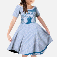 Personalised Hawaii Monk Seal Family Matching Off The Shoulder Long Sleeve Dress and Hawaiian Shirt Polynesian Tattoo With Tropical Flowers - Blue Pastel LT14 Daughter's Dress Blue - Polynesian Pride