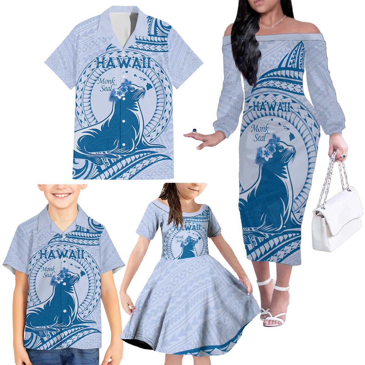 Personalised Hawaii Monk Seal Family Matching Off The Shoulder Long Sleeve Dress and Hawaiian Shirt Polynesian Tattoo With Tropical Flowers - Blue Pastel LT14 - Polynesian Pride