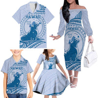 Personalised Hawaii Monk Seal Family Matching Off The Shoulder Long Sleeve Dress and Hawaiian Shirt Polynesian Tattoo With Tropical Flowers - Blue Pastel LT14 - Polynesian Pride