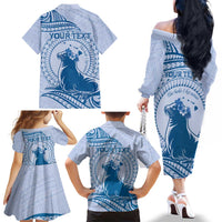 Personalised Hawaii Monk Seal Family Matching Off The Shoulder Long Sleeve Dress and Hawaiian Shirt Polynesian Tattoo With Tropical Flowers - Blue Pastel LT14 - Polynesian Pride