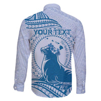 Personalised Hawaii Monk Seal Family Matching Off The Shoulder Long Sleeve Dress and Hawaiian Shirt Polynesian Tattoo With Tropical Flowers - Blue Pastel LT14 - Polynesian Pride