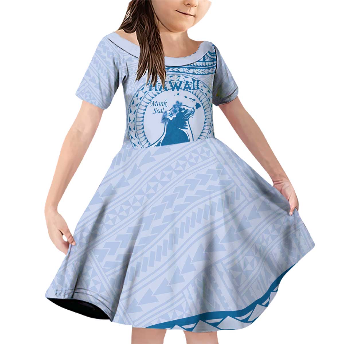 Personalised Hawaii Monk Seal Family Matching Off Shoulder Short Dress and Hawaiian Shirt Polynesian Tattoo With Tropical Flowers - Blue Pastel LT14 Daughter's Dress Blue - Polynesian Pride