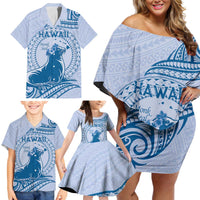 Personalised Hawaii Monk Seal Family Matching Off Shoulder Short Dress and Hawaiian Shirt Polynesian Tattoo With Tropical Flowers - Blue Pastel LT14 - Polynesian Pride