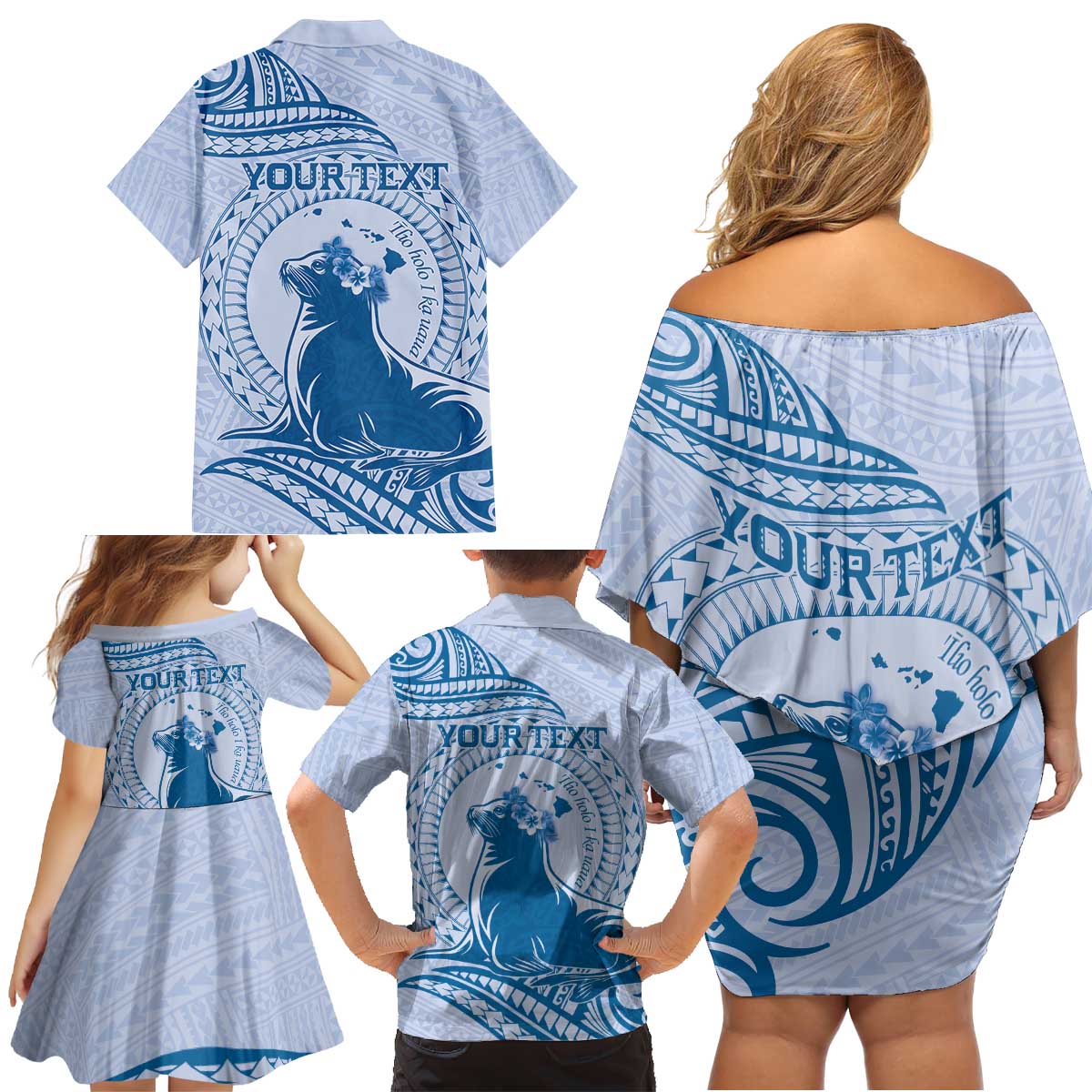 Personalised Hawaii Monk Seal Family Matching Off Shoulder Short Dress and Hawaiian Shirt Polynesian Tattoo With Tropical Flowers - Blue Pastel LT14 - Polynesian Pride