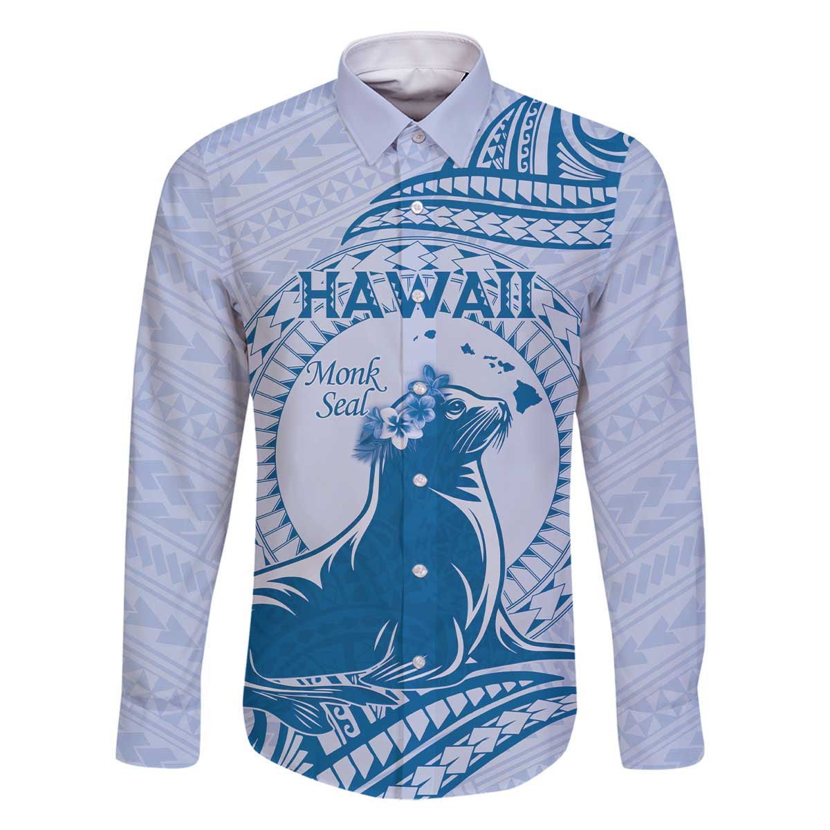 Personalised Hawaii Monk Seal Family Matching Off Shoulder Short Dress and Hawaiian Shirt Polynesian Tattoo With Tropical Flowers - Blue Pastel LT14 Dad's Shirt - Long Sleeve Blue - Polynesian Pride