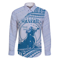 Personalised Hawaii Monk Seal Family Matching Off Shoulder Short Dress and Hawaiian Shirt Polynesian Tattoo With Tropical Flowers - Blue Pastel LT14 Dad's Shirt - Long Sleeve Blue - Polynesian Pride