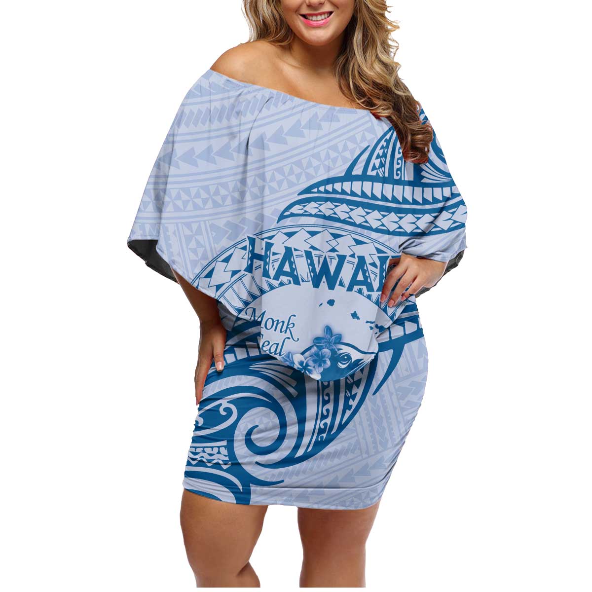 Personalised Hawaii Monk Seal Family Matching Off Shoulder Short Dress and Hawaiian Shirt Polynesian Tattoo With Tropical Flowers - Blue Pastel LT14 Mom's Dress Blue - Polynesian Pride