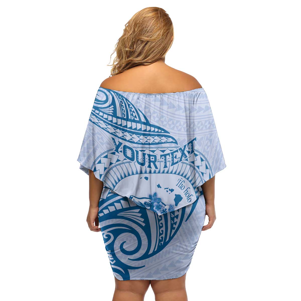 Personalised Hawaii Monk Seal Family Matching Off Shoulder Short Dress and Hawaiian Shirt Polynesian Tattoo With Tropical Flowers - Blue Pastel LT14 - Polynesian Pride