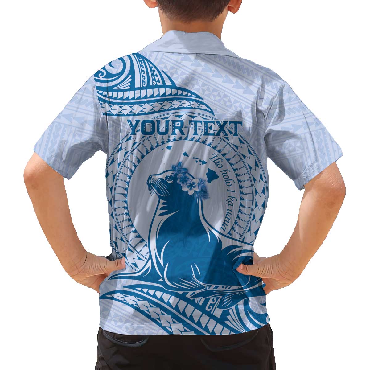 Personalised Hawaii Monk Seal Family Matching Puletasi and Hawaiian Shirt Polynesian Tattoo With Tropical Flowers - Blue Pastel LT14 - Polynesian Pride