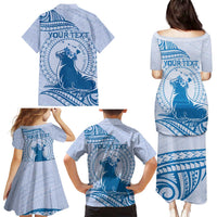 Personalised Hawaii Monk Seal Family Matching Puletasi and Hawaiian Shirt Polynesian Tattoo With Tropical Flowers - Blue Pastel LT14 - Polynesian Pride