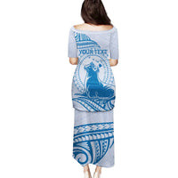Personalised Hawaii Monk Seal Family Matching Puletasi and Hawaiian Shirt Polynesian Tattoo With Tropical Flowers - Blue Pastel LT14 - Polynesian Pride