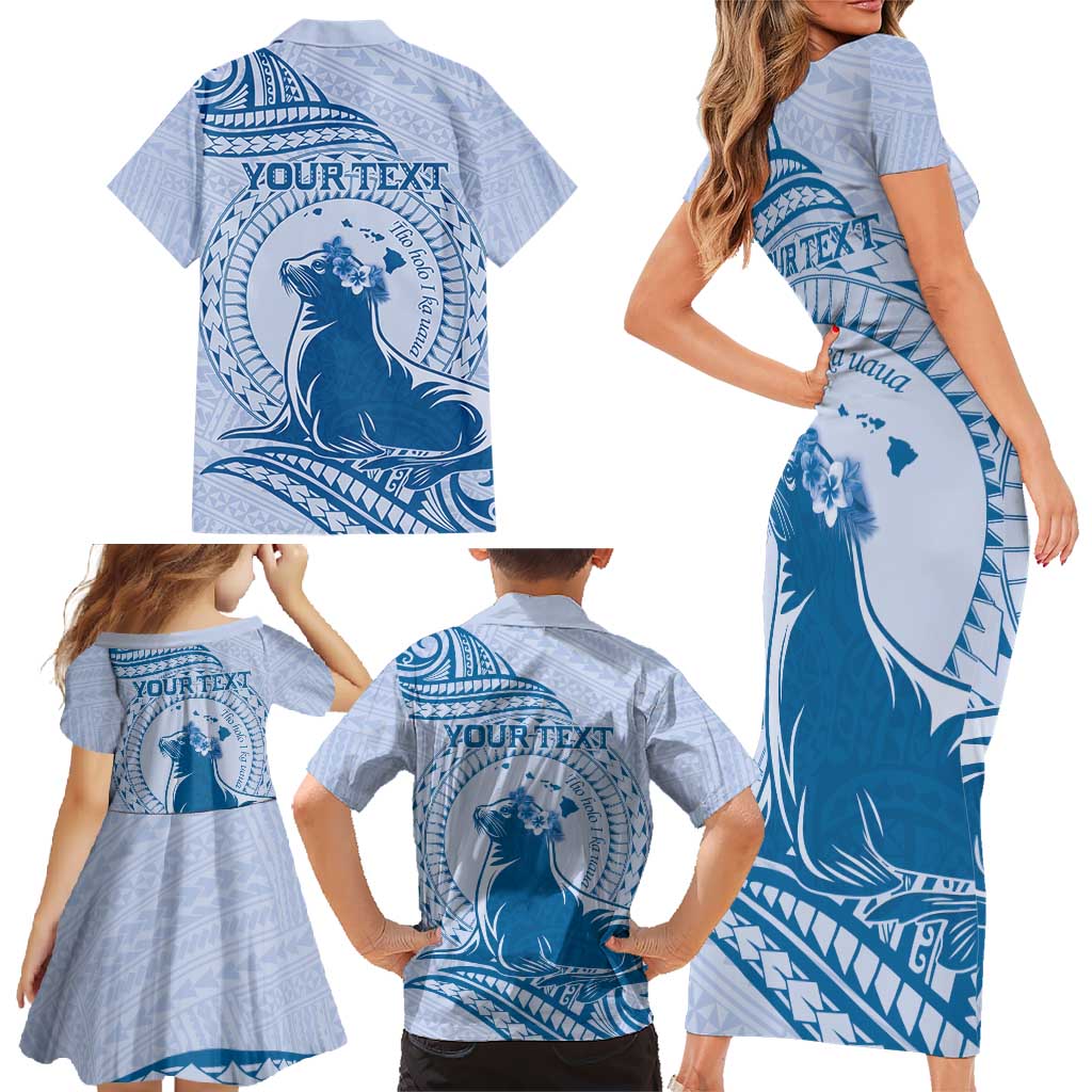 Personalised Hawaii Monk Seal Family Matching Short Sleeve Bodycon Dress and Hawaiian Shirt Polynesian Tattoo With Tropical Flowers - Blue Pastel
