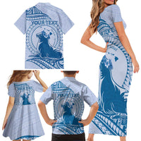 Personalised Hawaii Monk Seal Family Matching Short Sleeve Bodycon Dress and Hawaiian Shirt Polynesian Tattoo With Tropical Flowers - Blue Pastel